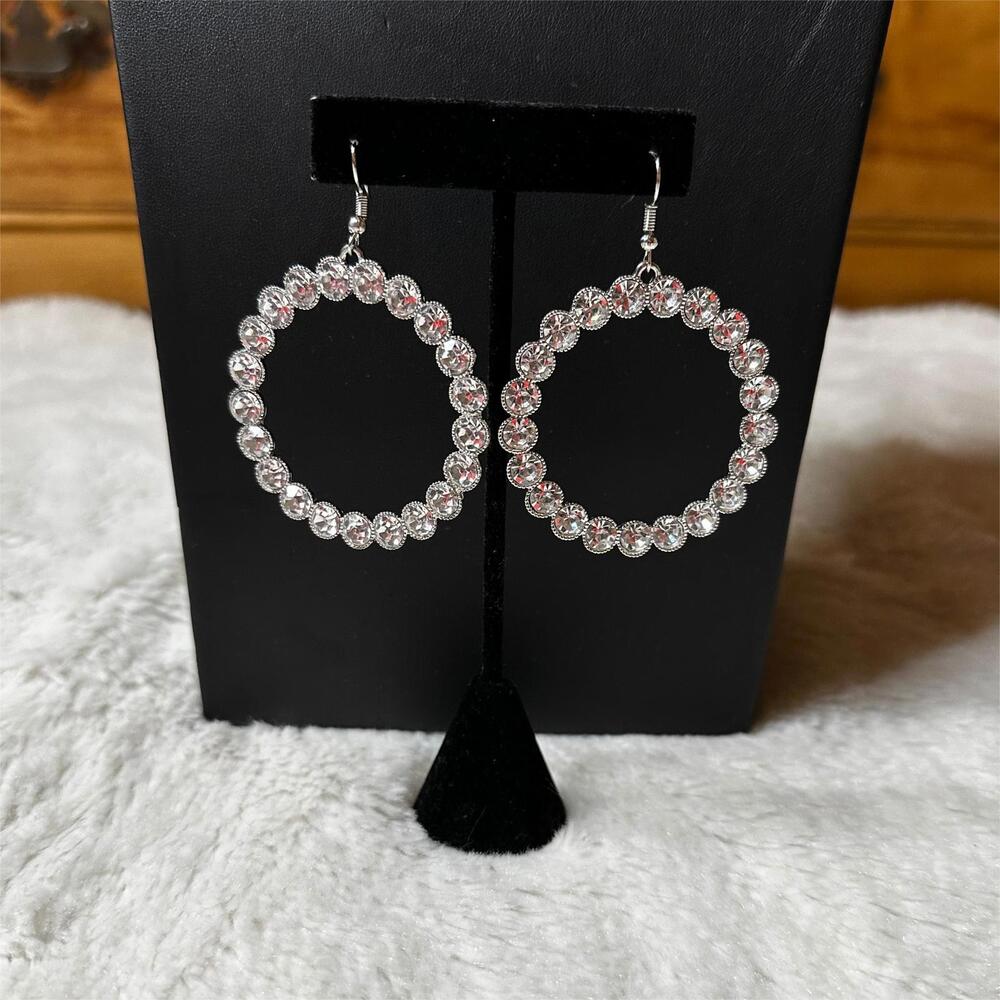 Clear Rhinestone Silver Hoop Earrings 2 Inch Dangle